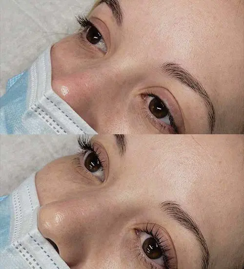 Straight lashes before and curled lashes after lifting at our salon