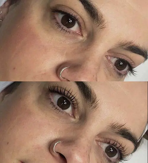Pestañas antes y después del lifting y tinte