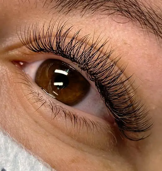 Eyelash extensions with an eyeliner effect on a brown eye